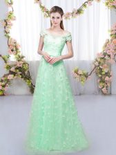  Apple Green Cap Sleeves Appliques Floor Length Dama Dress for Quinceanera