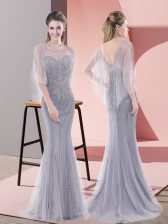 Luxury Scoop Half Sleeves Evening Dress Sweep Train Beading Grey Tulle