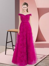 Classical Fuchsia Sleeveless Floor Length Beading and Lace Lace Up Prom Gown