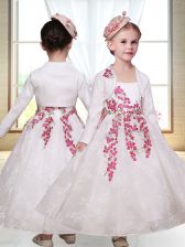 Cute White Lace Zipper Flower Girl Dresses Sleeveless Ankle Length Embroidery