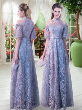 Nice Half Sleeves Lace Floor Length Zipper Prom Evening Gown in Grey with Belt