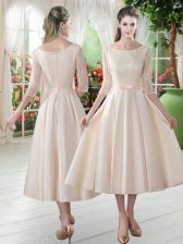  Champagne A-line Satin Scoop 3 4 Length Sleeve Lace Tea Length Zipper Prom Dress