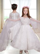 Delicate White A-line Scoop Long Sleeves Ankle Length Zipper Lace Toddler Flower Girl Dress