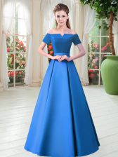 Enchanting Satin Off The Shoulder Short Sleeves Lace Up Belt Homecoming Dress in Blue