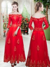 Affordable 3 4 Length Sleeve Floor Length Lace and Appliques Prom Dress
