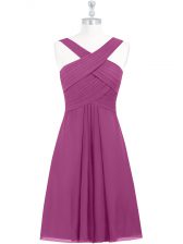 Beauteous Fuchsia A-line Straps Sleeveless Chiffon Knee Length Zipper Pleated Evening Dress
