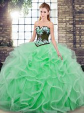  Apple Green Sweetheart Lace Up Embroidery and Ruffles Quinceanera Dresses Sweep Train Sleeveless