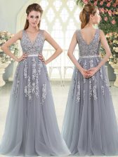  Sleeveless Floor Length Appliques Zipper with Grey