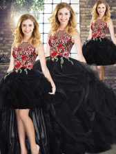  Scoop Sleeveless Zipper Embroidery and Ruffles Vestidos de Quinceanera in Black