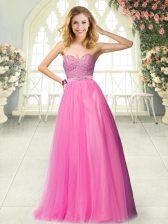  Hot Pink A-line Sweetheart Sleeveless Tulle Floor Length Zipper Beading Homecoming Dress