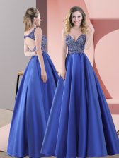 Traditional Blue Straps Neckline Beading Homecoming Dress Sleeveless Backless