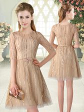  Tulle Half Sleeves Mini Length Prom Gown and Sequins