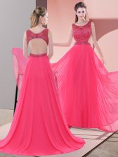  Scoop Sleeveless Chiffon Prom Gown Beading Sweep Train Backless