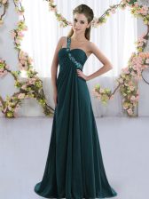 Lovely Beading Court Dresses for Sweet 16 Peacock Green Lace Up Sleeveless Brush Train