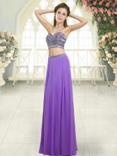  Floor Length Lavender Dress for Prom Chiffon Sleeveless Beading