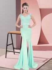 Customized Beading and Lace and Appliques Prom Gown Apple Green Zipper Sleeveless Sweep Train
