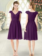 Customized Purple Prom Party Dress Prom and Party with Ruching V-neck Cap Sleeves Zipper
