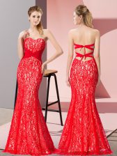  Sleeveless Floor Length Beading Backless Homecoming Dress with Red