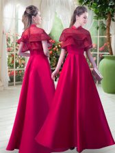 Vintage Red A-line Lace Dress for Prom Zipper Satin Short Sleeves Floor Length