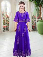 Charming Purple Half Sleeves Lace Floor Length Evening Dress