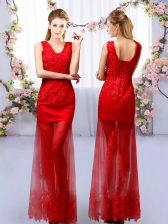  Column/Sheath Quinceanera Dama Dress Red V-neck Tulle Sleeveless Floor Length Lace Up