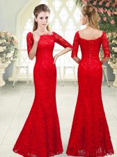  Red Prom and Party with Beading Scalloped 3 4 Length Sleeve Lace Up