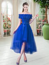 Edgy Royal Blue Short Sleeves Appliques High Low Homecoming Dress