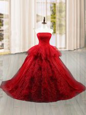  Wine Red Ball Gowns Lace and Ruffles Quinceanera Gowns Lace Up Tulle Sleeveless