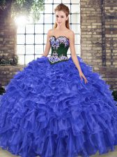 Custom Design Royal Blue Sweetheart Neckline Embroidery and Ruffles Quinceanera Dress Sleeveless Lace Up