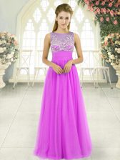 Stylish Lilac Empire Scoop Sleeveless Tulle Floor Length Side Zipper Beading Prom Gown