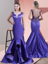 Deluxe Scoop Sleeveless Sweep Train Side Zipper Evening Dress Purple Satin