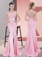  V-neck Sleeveless Dress for Prom Sweep Train Lace and Appliques Baby Pink Chiffon