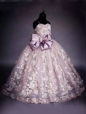 Fashion Pink Spaghetti Straps Neckline Beading and Bowknot Pageant Dress for Girls Sleeveless Lace Up