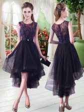  High Low Black Homecoming Dress Tulle Sleeveless Appliques