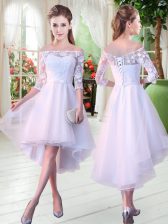 Classical Off The Shoulder Half Sleeves Prom Evening Gown High Low Appliques White Tulle