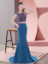 Great Teal Satin Backless Prom Dress Sleeveless Sweep Train Beading