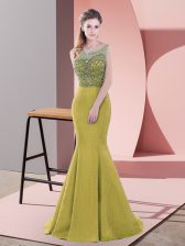 Dynamic Satin Sleeveless Prom Dresses Sweep Train and Beading and Lace