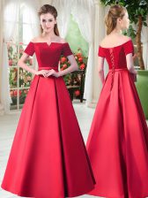 Sweet Red Satin Lace Up Off The Shoulder Short Sleeves Floor Length Prom Dress Belt