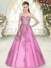  Appliques Evening Dress Rose Pink Lace Up Sleeveless Floor Length