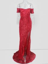 Short Sleeves Sweep Train Sequins Prom Evening Gown