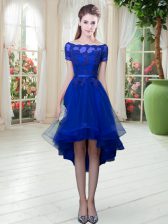 Best Selling Royal Blue A-line Appliques Homecoming Dress Lace Up Tulle Short Sleeves High Low