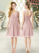  Pink Empire Ruching Evening Dress Lace Up Chiffon Sleeveless Knee Length
