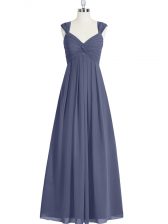  Blue Chiffon Zipper Evening Dress Sleeveless Floor Length Ruching