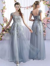  Grey Tulle Lace Up Scoop Cap Sleeves Floor Length Dama Dress for Quinceanera Lace