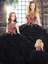 High End Sleeveless Floor Length Embroidery and Ruffles Zipper Vestidos de Quinceanera with Black