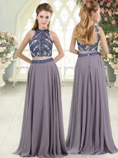  Grey Two Pieces Chiffon High-neck Sleeveless Beading Floor Length Backless Homecoming Dress
