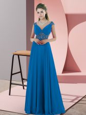  Blue Evening Dress Satin Sweep Train Sleeveless Beading