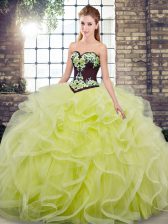 Exceptional Yellow Green Sleeveless Sweep Train Embroidery and Ruffles 15 Quinceanera Dress
