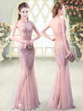  Pink Mermaid Sequins Prom Dress Backless Tulle Sleeveless Floor Length
