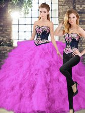  Fuchsia Two Pieces Tulle Sweetheart Sleeveless Beading and Embroidery Floor Length Lace Up 15th Birthday Dress